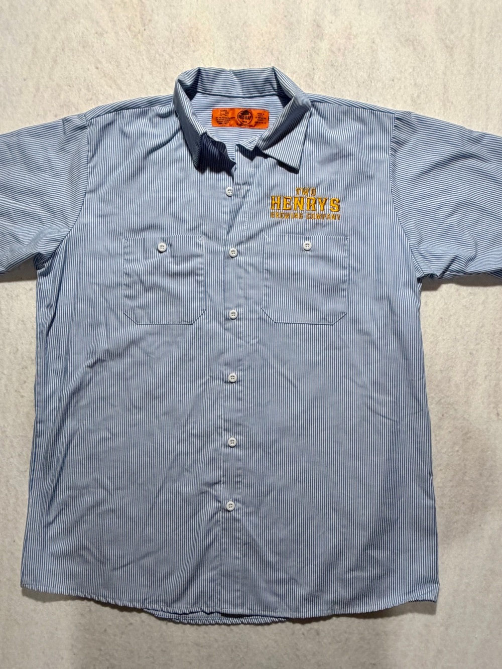 Vintage Two Henrys Brewing Co Red Kap Work Shirt Blue White Striped Large NWOT